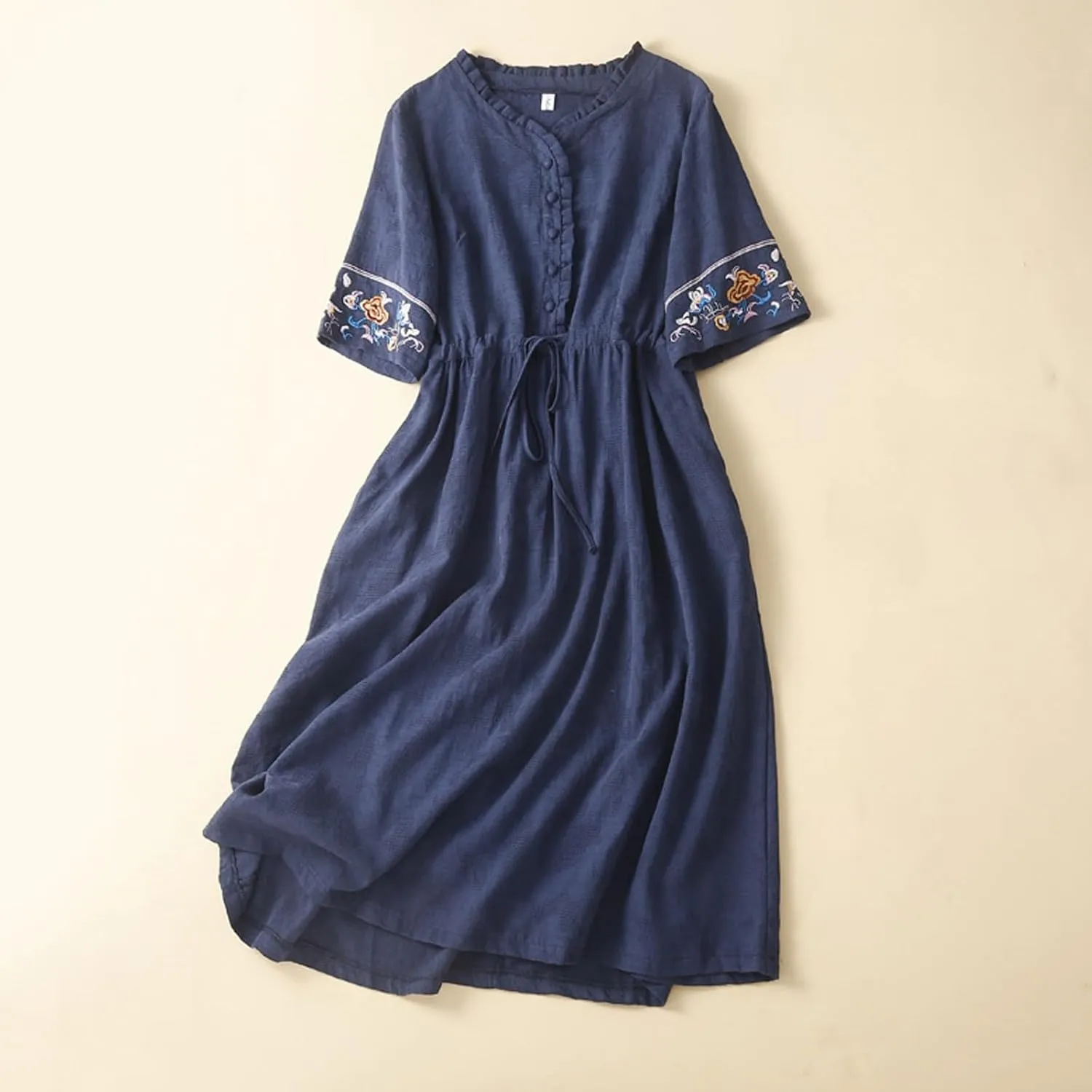 Women's Cotton Linen Dresses Summer Embroidered Sleeve A Line Comfy Cotton Maxi Dress Trendy Summer Vacation Clothes