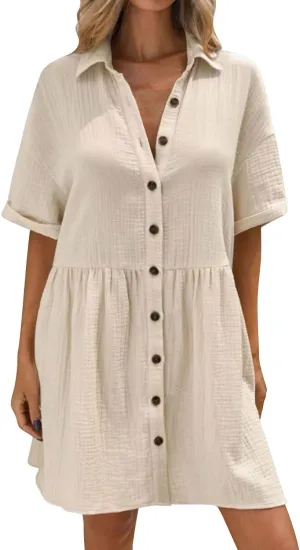 Womens Cotton Linen Short Sleeve Sundress Button Down Mini Shirt Dress 2025 Casual Babydoll Tunic Loose Beach Dresses