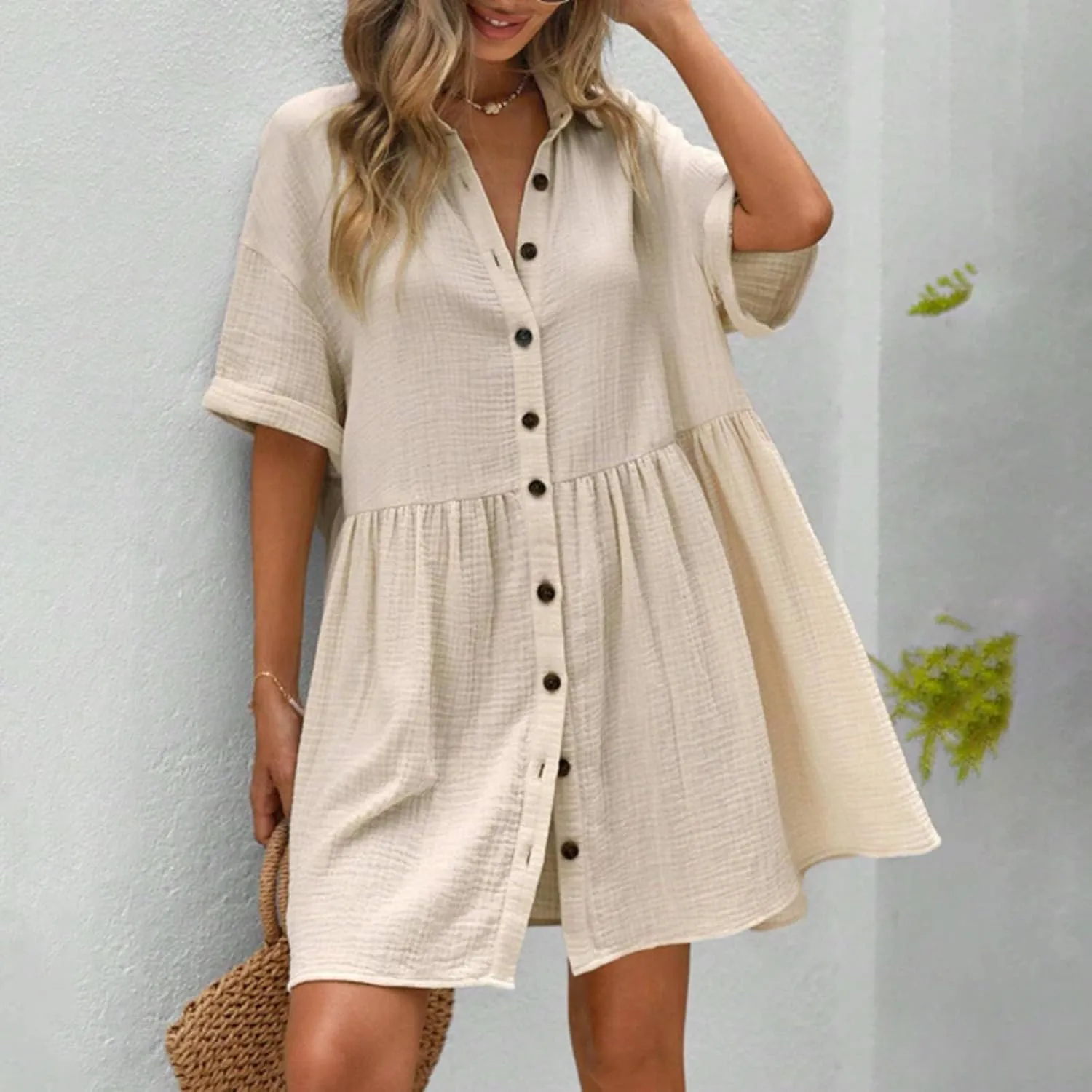 Womens Cotton Linen Short Sleeve Sundress Button Down Mini Shirt Dress 2025 Casual Babydoll Tunic Loose Beach Dresses