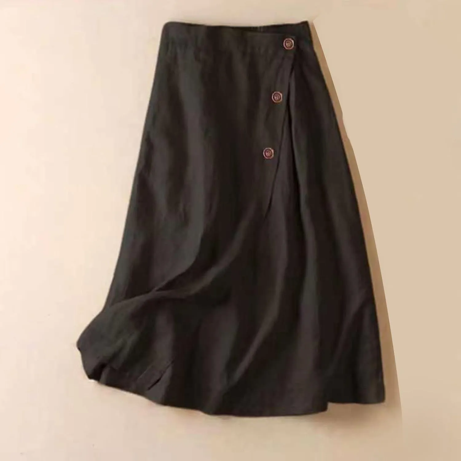 Womens Cotton Linen Skirts Elastic High Waist Front Button Swing A Line Midi Skirt Casual Summer Soft Beach Skorts