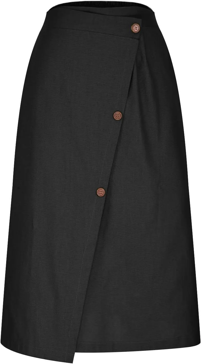 Womens Cotton Linen Skirts Elastic High Waist Front Button Swing A Line Midi Skirt Casual Summer Soft Beach Skorts