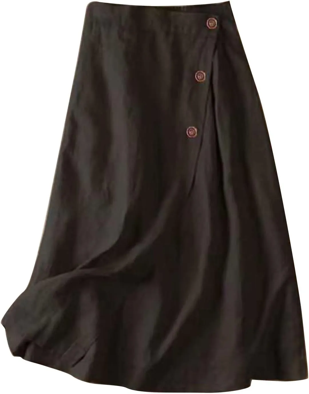 Womens Cotton Linen Skirts Elastic High Waist Front Button Swing A Line Midi Skirt Casual Summer Soft Beach Skorts