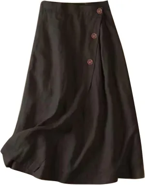 Womens Cotton Linen Skirts Elastic High Waist Front Button Swing A Line Midi Skirt Casual Summer Soft Beach Skorts