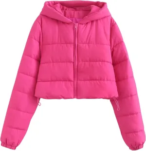 Womens Crop Down Coat Lightweight Hooded Puffer Jackets Drawstring Long Sleeve Outwear with Pockets Winter Jackets