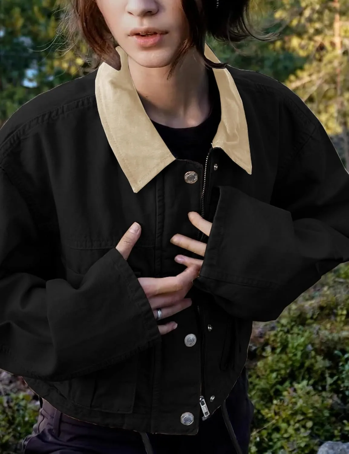 Womens Cropped Jacket Contrast Collar Utility Coat Cargo Jacket Barn Jacket Outwear with Pockets
