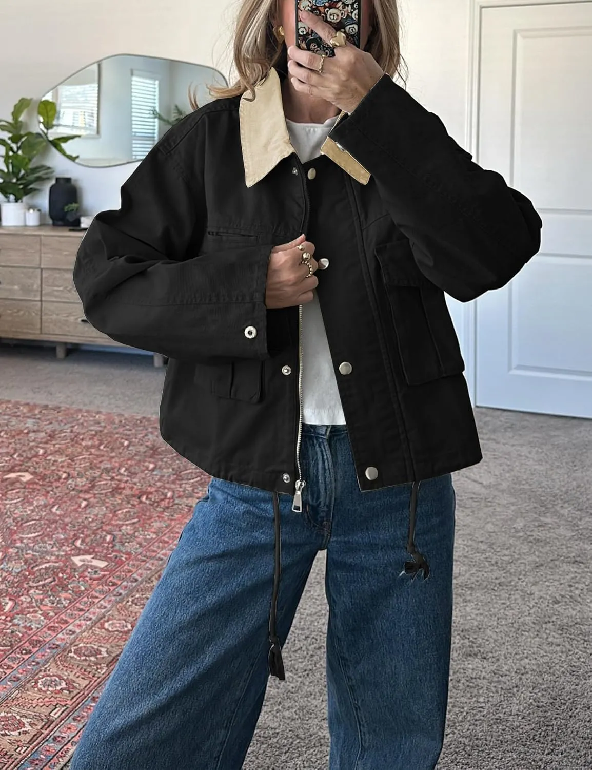 Womens Cropped Jacket Contrast Collar Utility Coat Cargo Jacket Barn Jacket Outwear with Pockets