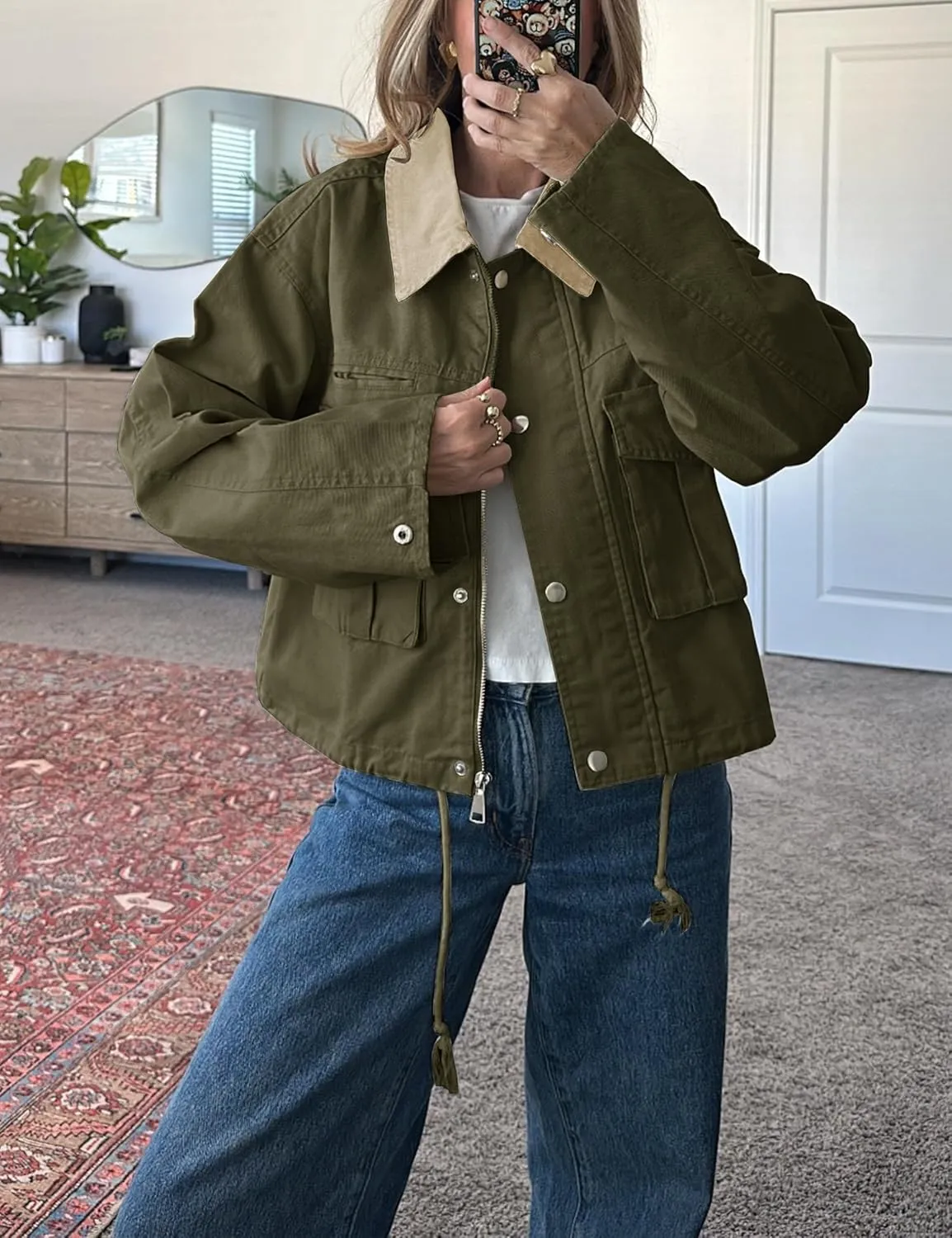 Womens Cropped Jacket Contrast Collar Utility Coat Cargo Jacket Barn Jacket Outwear with Pockets