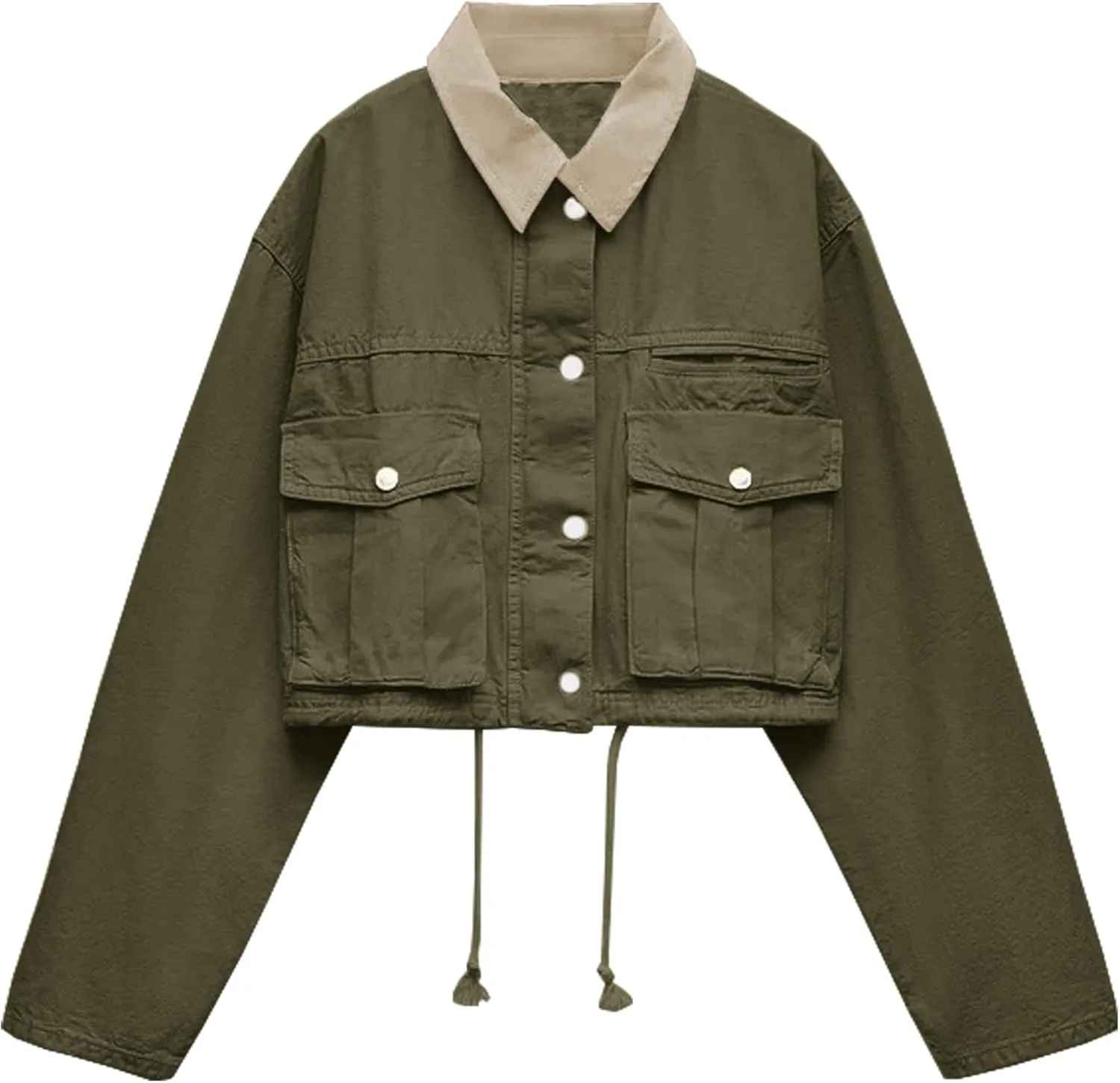Womens Cropped Jacket Contrast Collar Utility Coat Cargo Jacket Barn Jacket Outwear with Pockets
