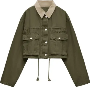 Womens Cropped Jacket Contrast Collar Utility Coat Cargo Jacket Barn Jacket Outwear with Pockets