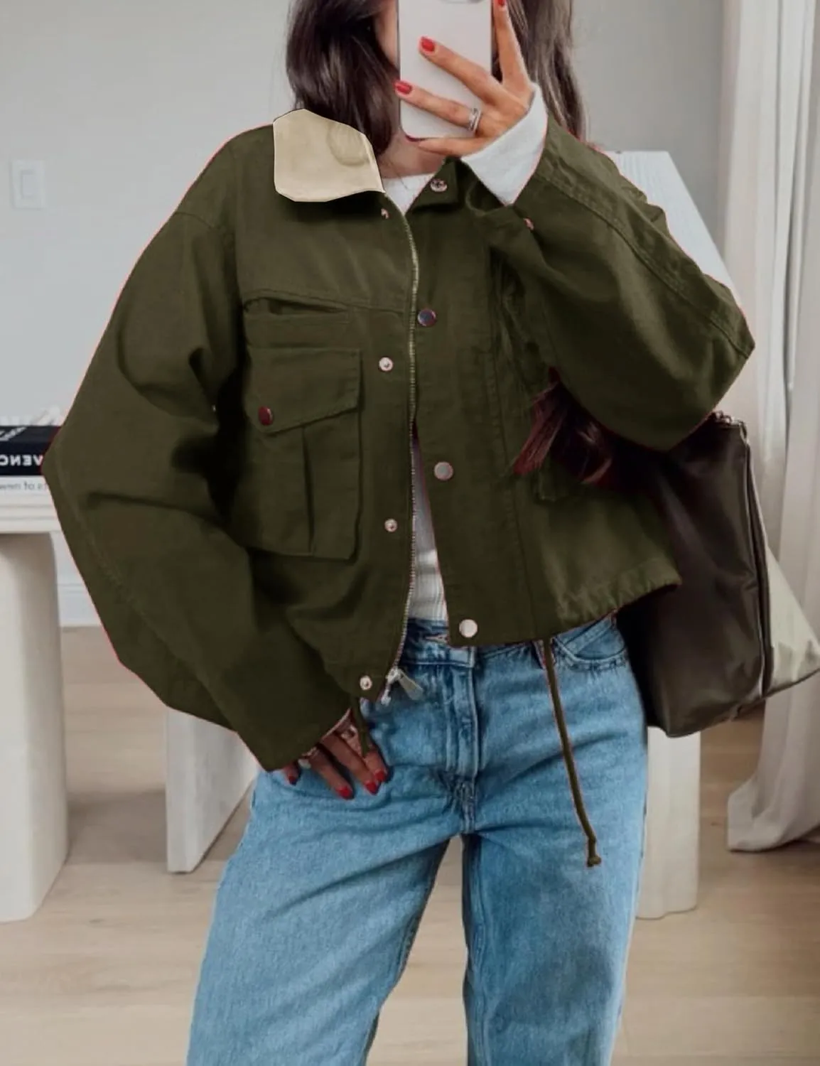 Womens Cropped Jacket Contrast Collar Utility Coat Cargo Jacket Barn Jacket Outwear with Pockets
