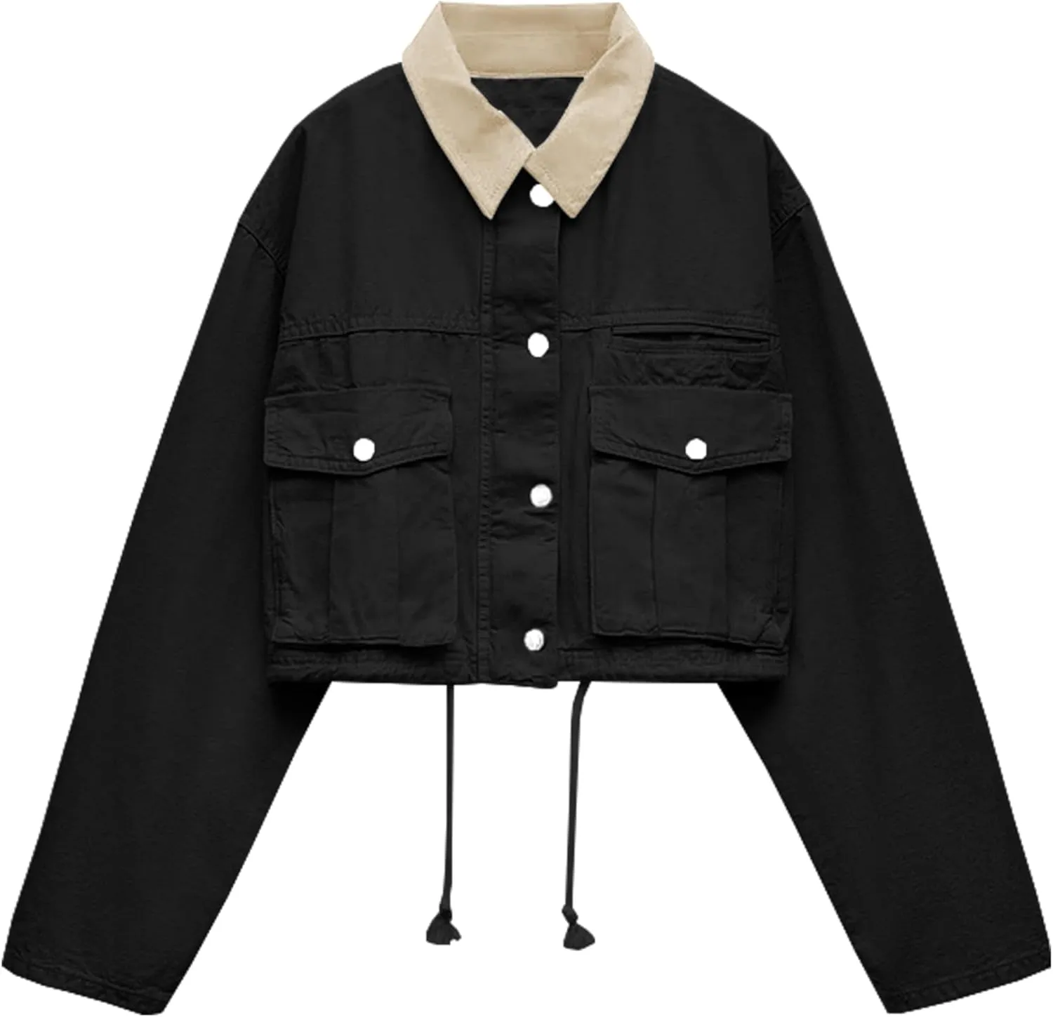 Womens Cropped Jacket Contrast Collar Utility Coat Cargo Jacket Barn Jacket Outwear with Pockets