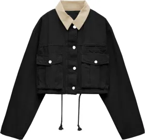 Womens Cropped Jacket Contrast Collar Utility Coat Cargo Jacket Barn Jacket Outwear with Pockets