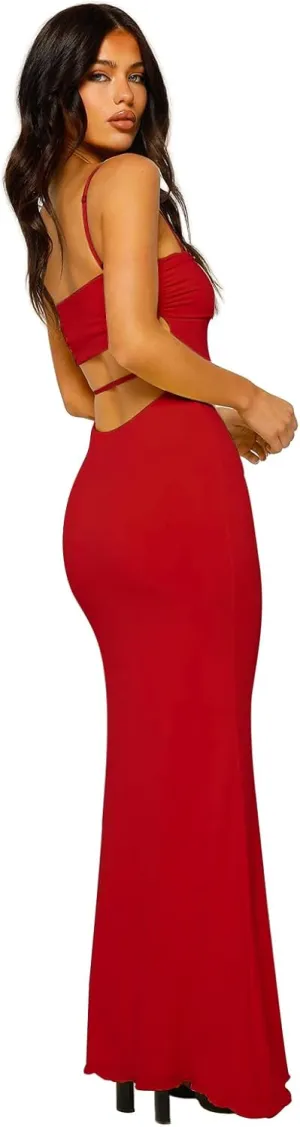 Women's Cutout Backless Maxi Dress Sexy Sleeveless Tight Slip Spaghetti Strap Long Dresses