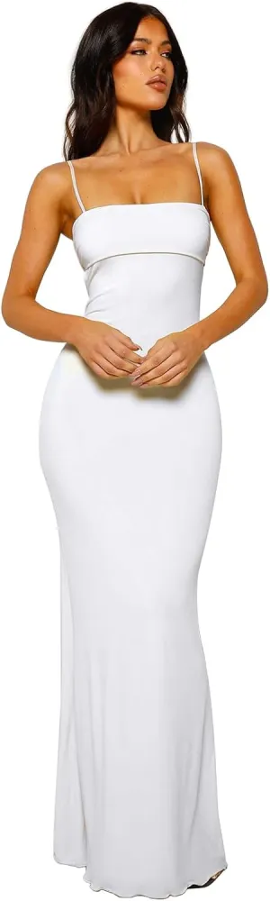 Women's Cutout Backless Maxi Dress Sexy Sleeveless Tight Slip Spaghetti Strap Long Dresses