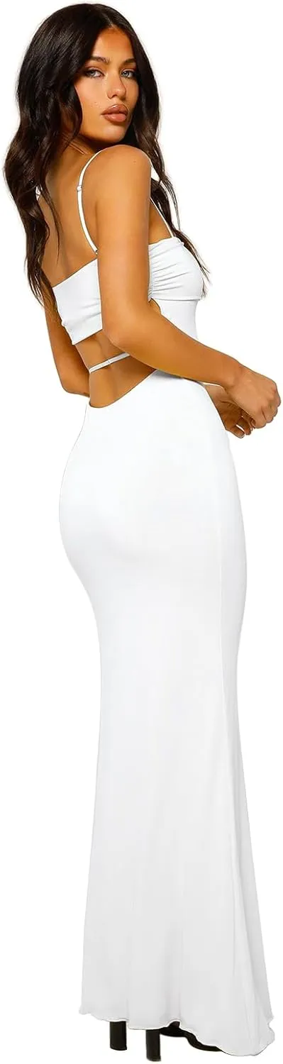 Women's Cutout Backless Maxi Dress Sexy Sleeveless Tight Slip Spaghetti Strap Long Dresses