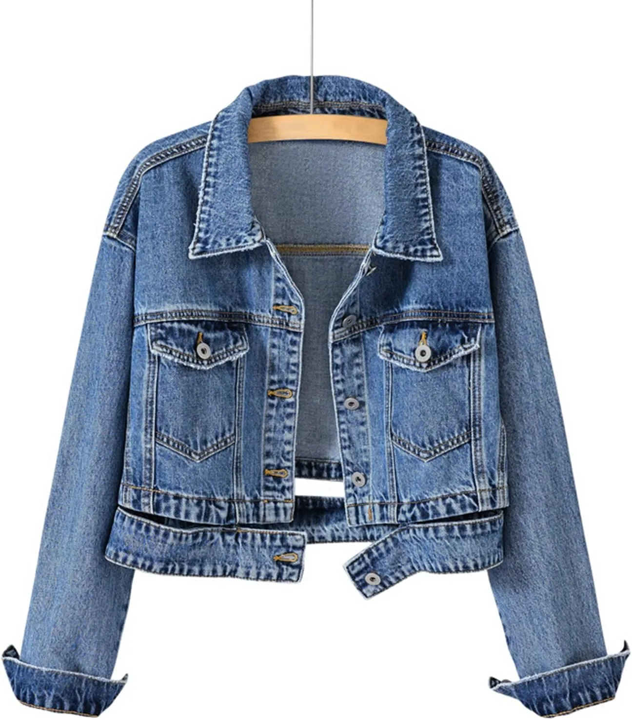 Women's Denim Jackets,Button Down Long Sleeve, high waisted chic denim short jacket top with Pockets