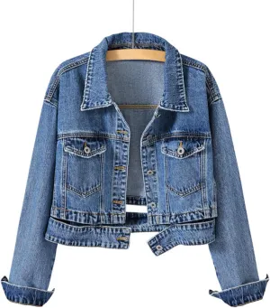 Women's Denim Jackets,Button Down Long Sleeve, high waisted chic denim short jacket top with Pockets