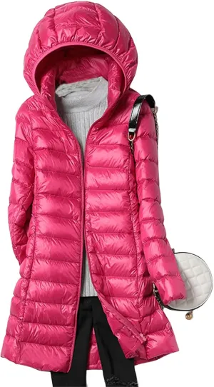 Women's Down Puffer Jackets Long Lightweight Casual Winter Coats Thin Slim Hooded Parka