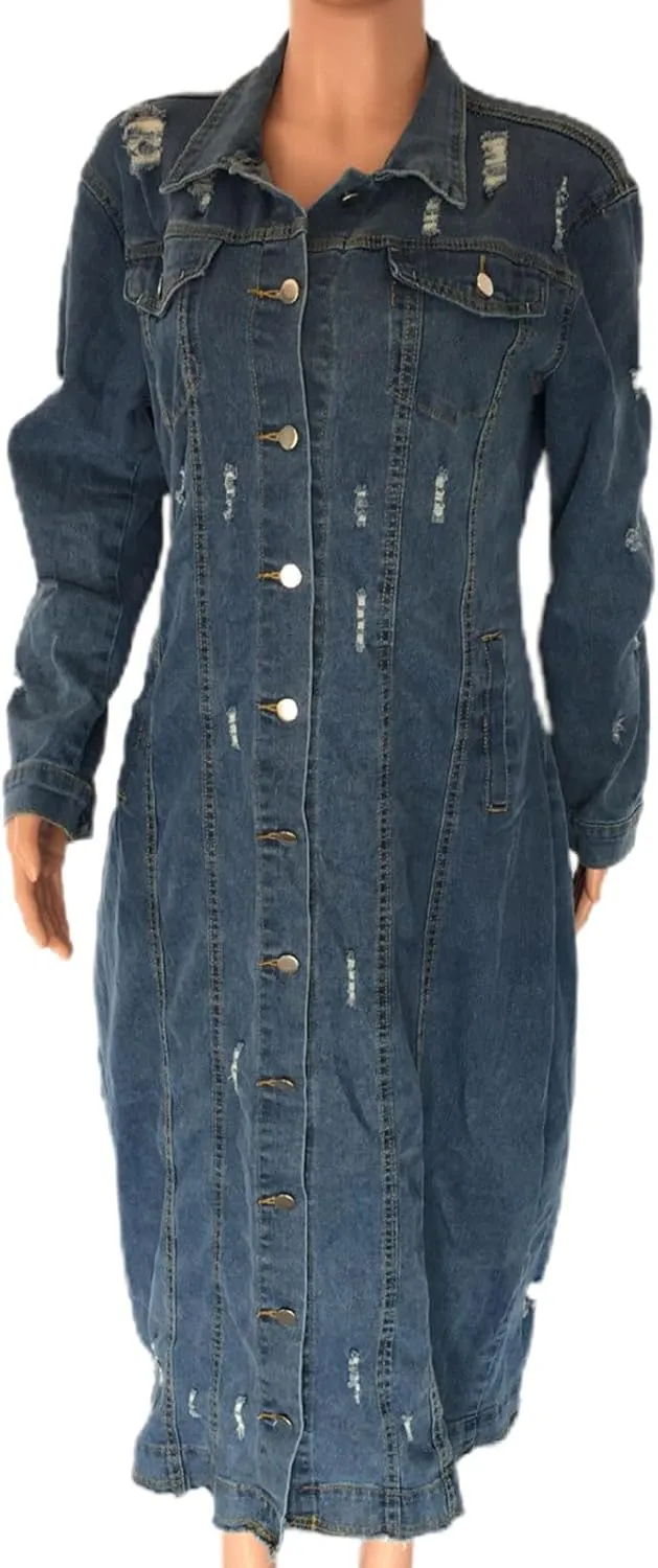 Womens Fashion Denim Trench Coat Long Jean Jacket Plus Size Button Down Denim Jacket Oversized Fall Casual Outerwear