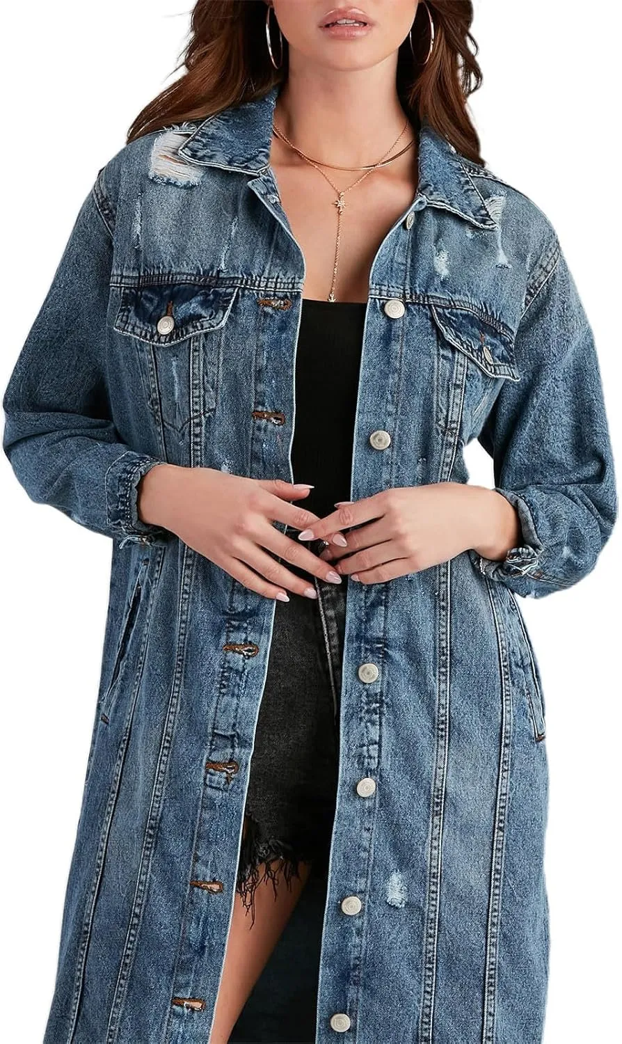 Womens Fashion Denim Trench Coat Long Jean Jacket Plus Size Button Down Denim Jacket Oversized Fall Casual Outerwear