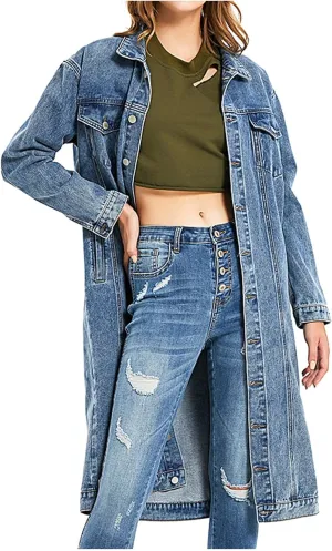 Womens Fashion Denim Trench Coat Long Jean Jacket Plus Size Button Down Denim Jacket Oversized Fall Casual Outerwear