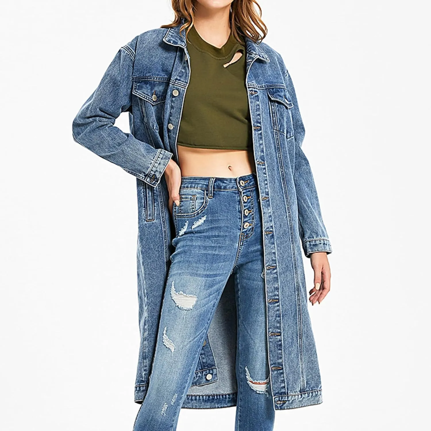 Womens Fashion Denim Trench Coat Long Jean Jacket Plus Size Button Down Denim Jacket Oversized Fall Casual Outerwear