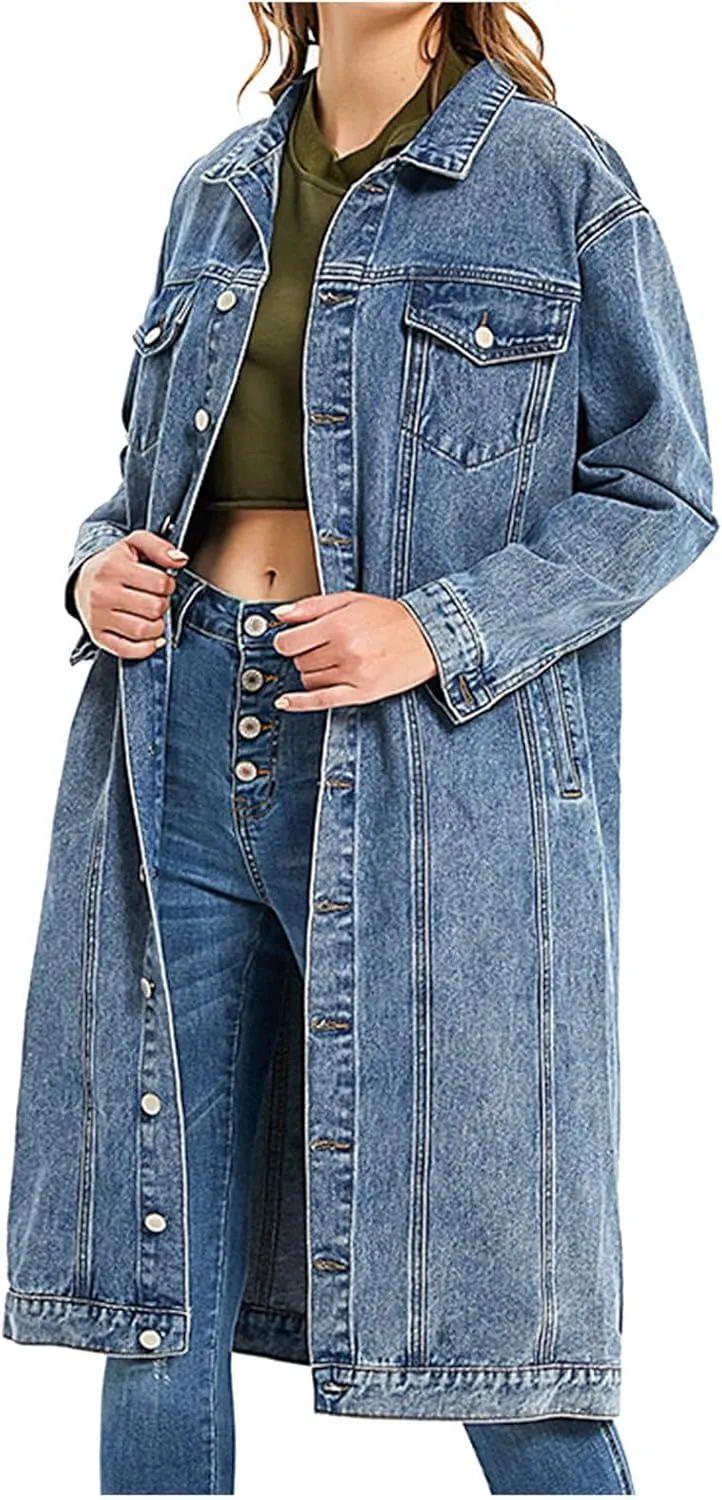 Womens Fashion Denim Trench Coat Long Jean Jacket Plus Size Button Down Denim Jacket Oversized Fall Casual Outerwear