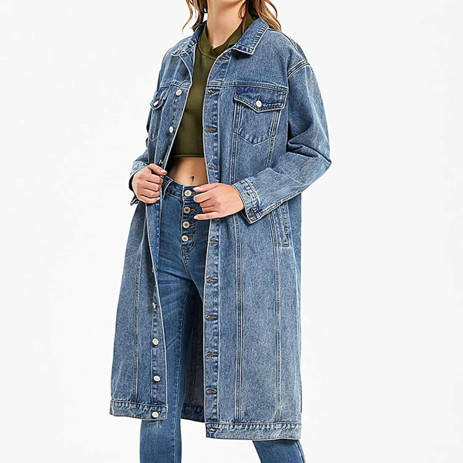 Womens Fashion Denim Trench Coat Long Jean Jacket Plus Size Button Down Denim Jacket Oversized Fall Casual Outerwear