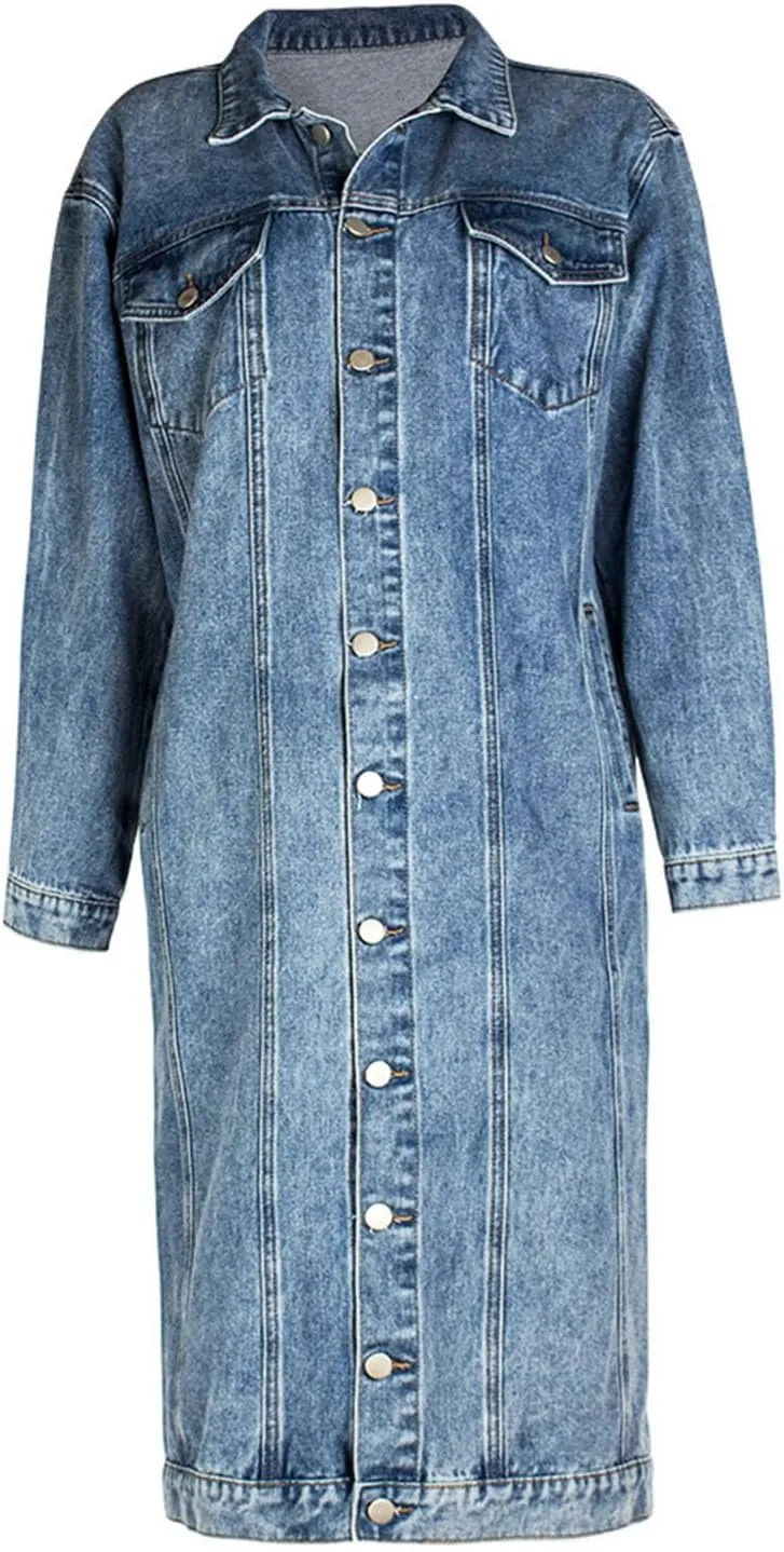 Womens Fashion Denim Trench Coat Long Jean Jacket Plus Size Button Down Denim Jacket Oversized Fall Casual Outerwear
