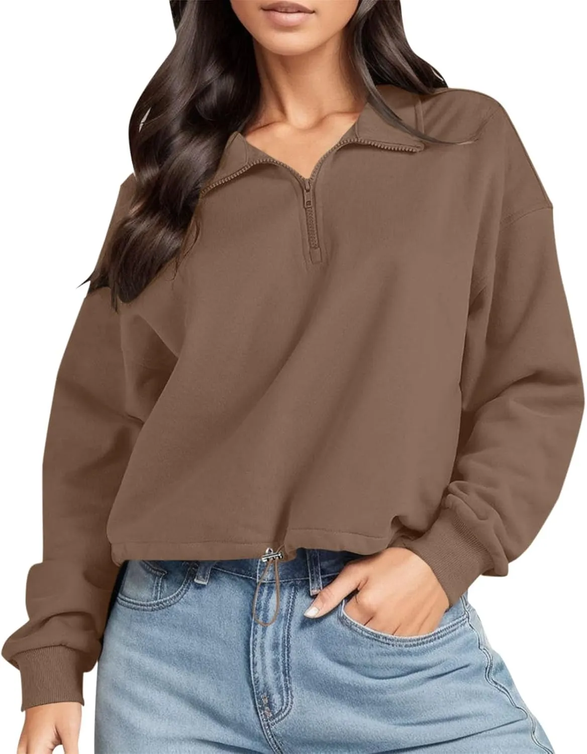 Women's Fleece Sweatshirt Zipper Stand Collar Workout Fuzzy Crop Shaggy Shacket Jacket Sherpa Thicken Warm Winter Coat