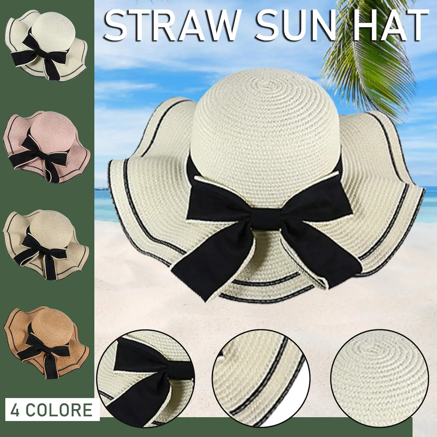 Women's Floppy Sun Straw Hat Folable Wide Brim UV Sun Protection Beach Hat Summer Bow-Knot Hat Travel Accessories