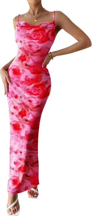 Women's Floral Spaghetti Strap Maxi Dress Sexy Summer Stretch Bodycon Dress Backless Cocktail Slip Long Dresses