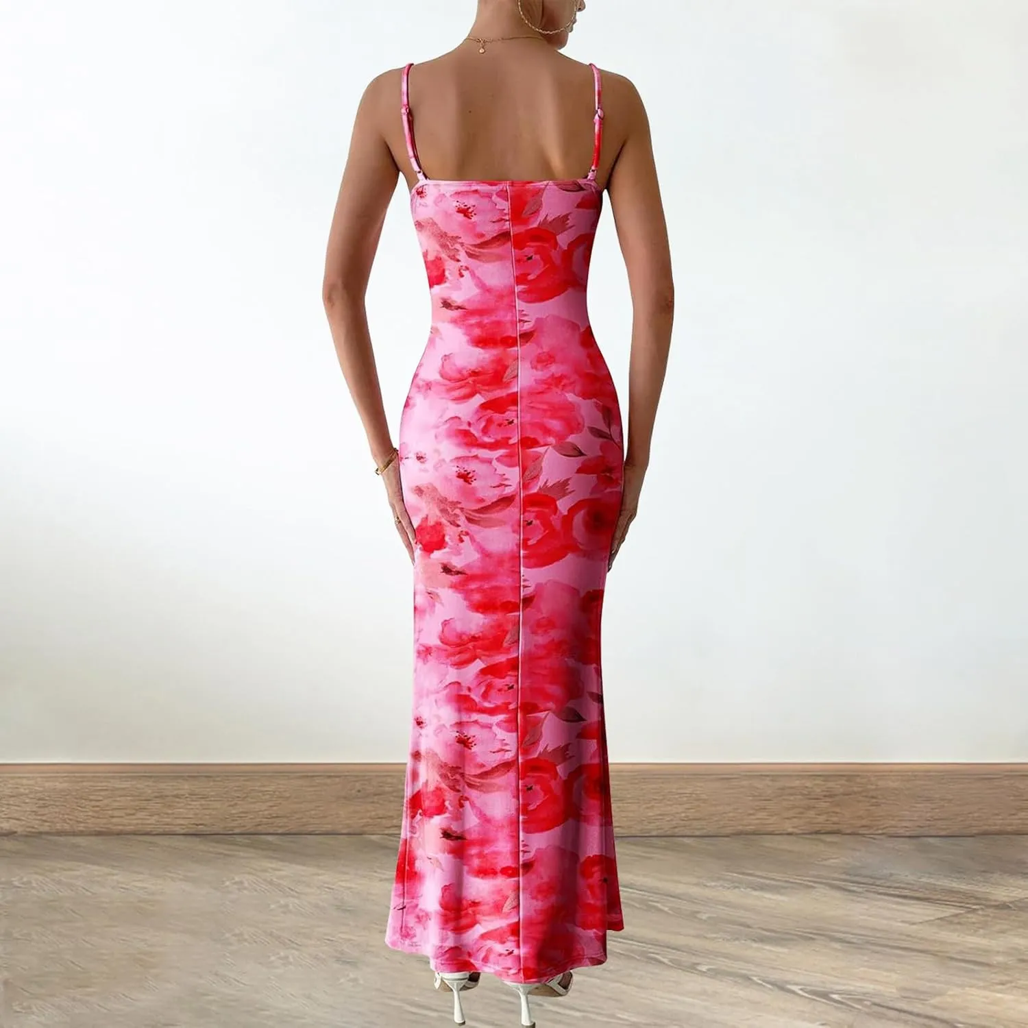 Women's Floral Spaghetti Strap Maxi Dress Sexy Summer Stretch Bodycon Dress Backless Cocktail Slip Long Dresses