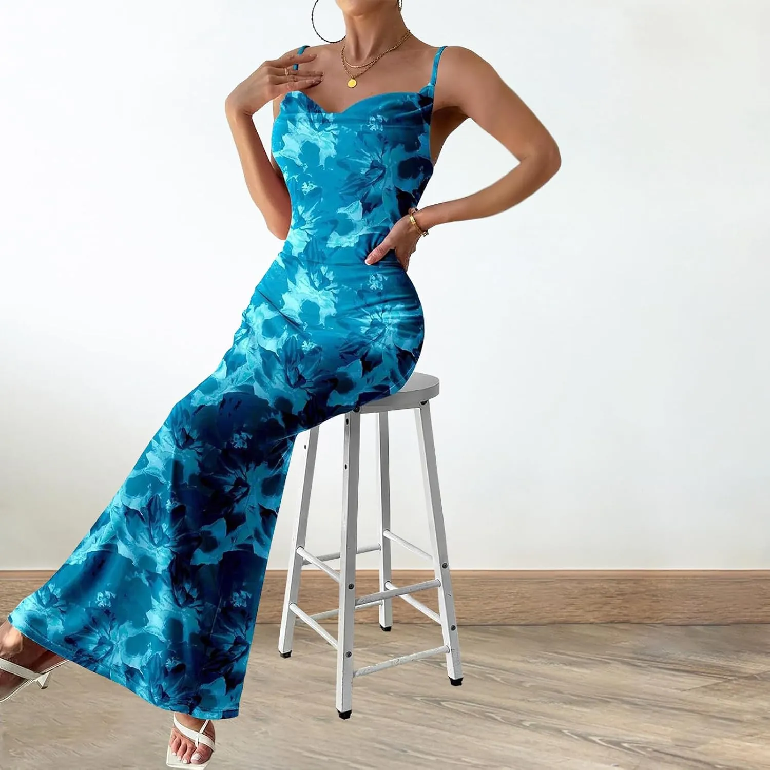 Women's Floral Spaghetti Strap Maxi Dress Sexy Summer Stretch Bodycon Dress Backless Cocktail Slip Long Dresses