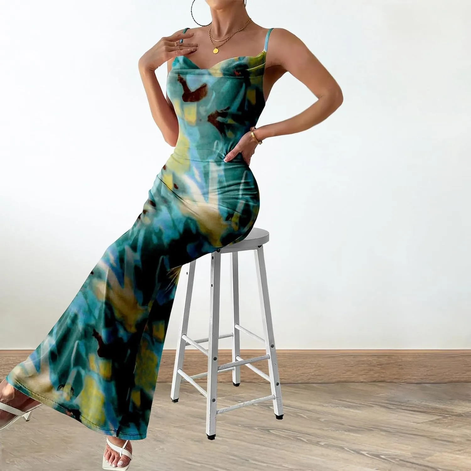 Women's Floral Spaghetti Strap Maxi Dress Sexy Summer Stretch Bodycon Dress Backless Cocktail Slip Long Dresses