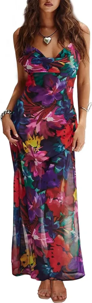 Women's Floral Spaghetti Strap Maxi Dress Sexy Summer Stretch Bodycon Dress Backless Cocktail Slip Long Dresses