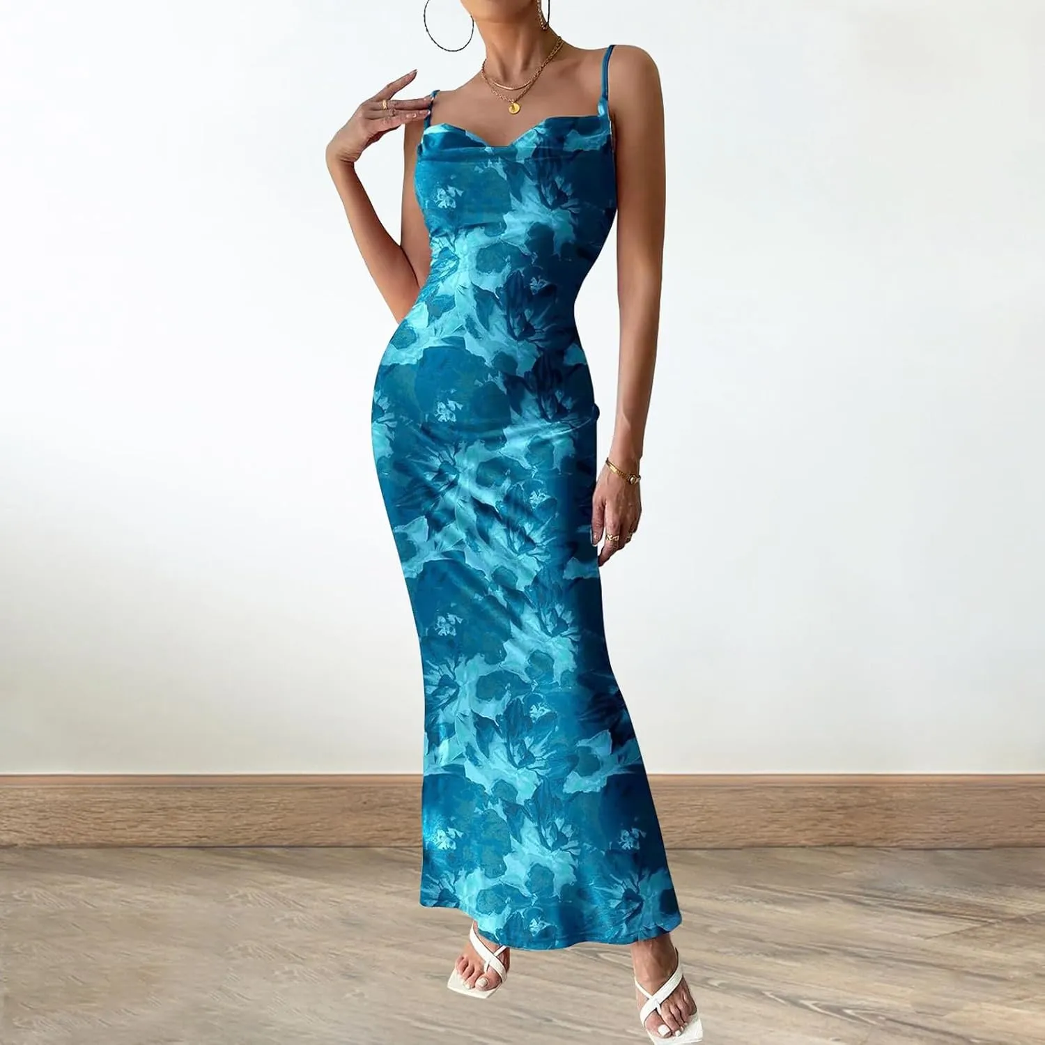 Women's Floral Spaghetti Strap Maxi Dress Sexy Summer Stretch Bodycon Dress Backless Cocktail Slip Long Dresses