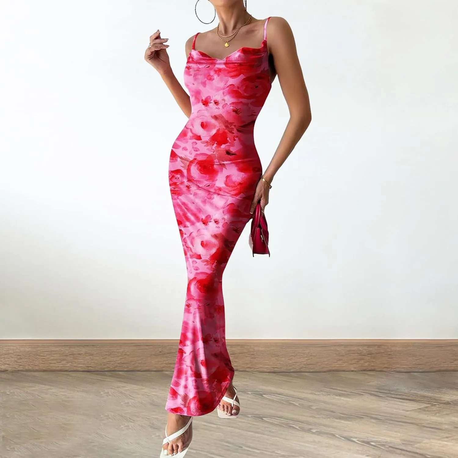 Women's Floral Spaghetti Strap Maxi Dress Sexy Summer Stretch Bodycon Dress Backless Cocktail Slip Long Dresses
