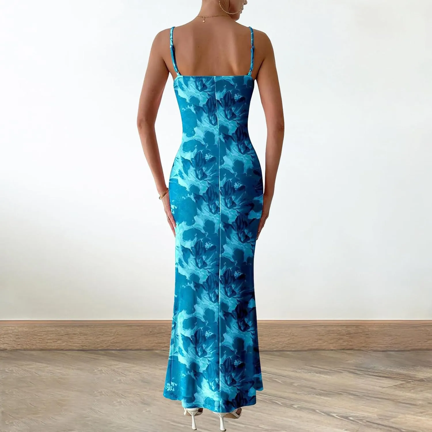 Women's Floral Spaghetti Strap Maxi Dress Sexy Summer Stretch Bodycon Dress Backless Cocktail Slip Long Dresses
