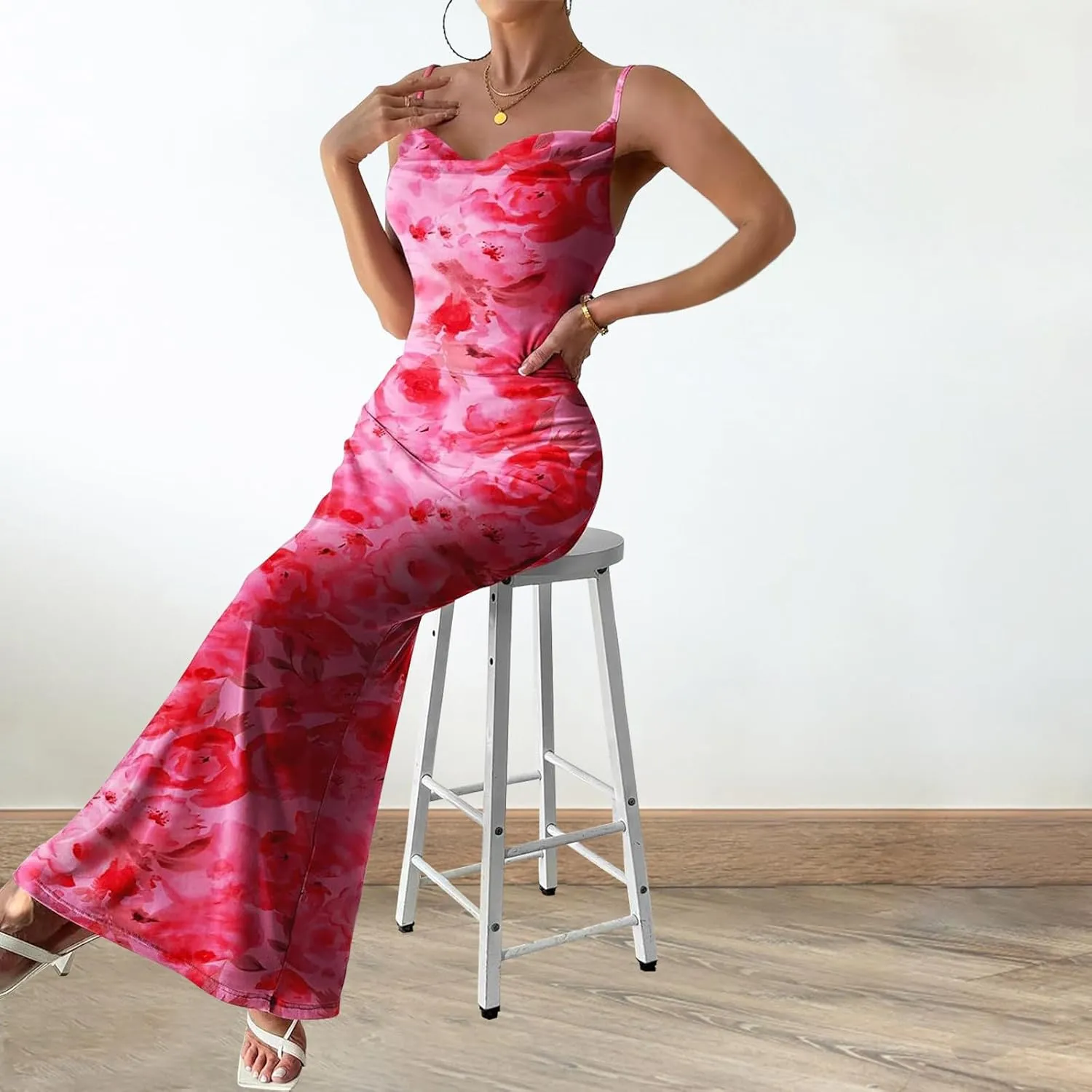 Women's Floral Spaghetti Strap Maxi Dress Sexy Summer Stretch Bodycon Dress Backless Cocktail Slip Long Dresses