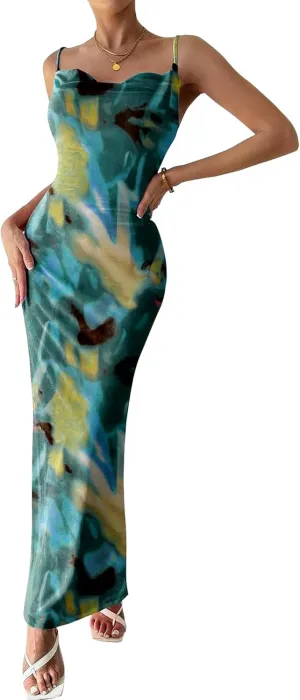 Women's Floral Spaghetti Strap Maxi Dress Sexy Summer Stretch Bodycon Dress Backless Cocktail Slip Long Dresses