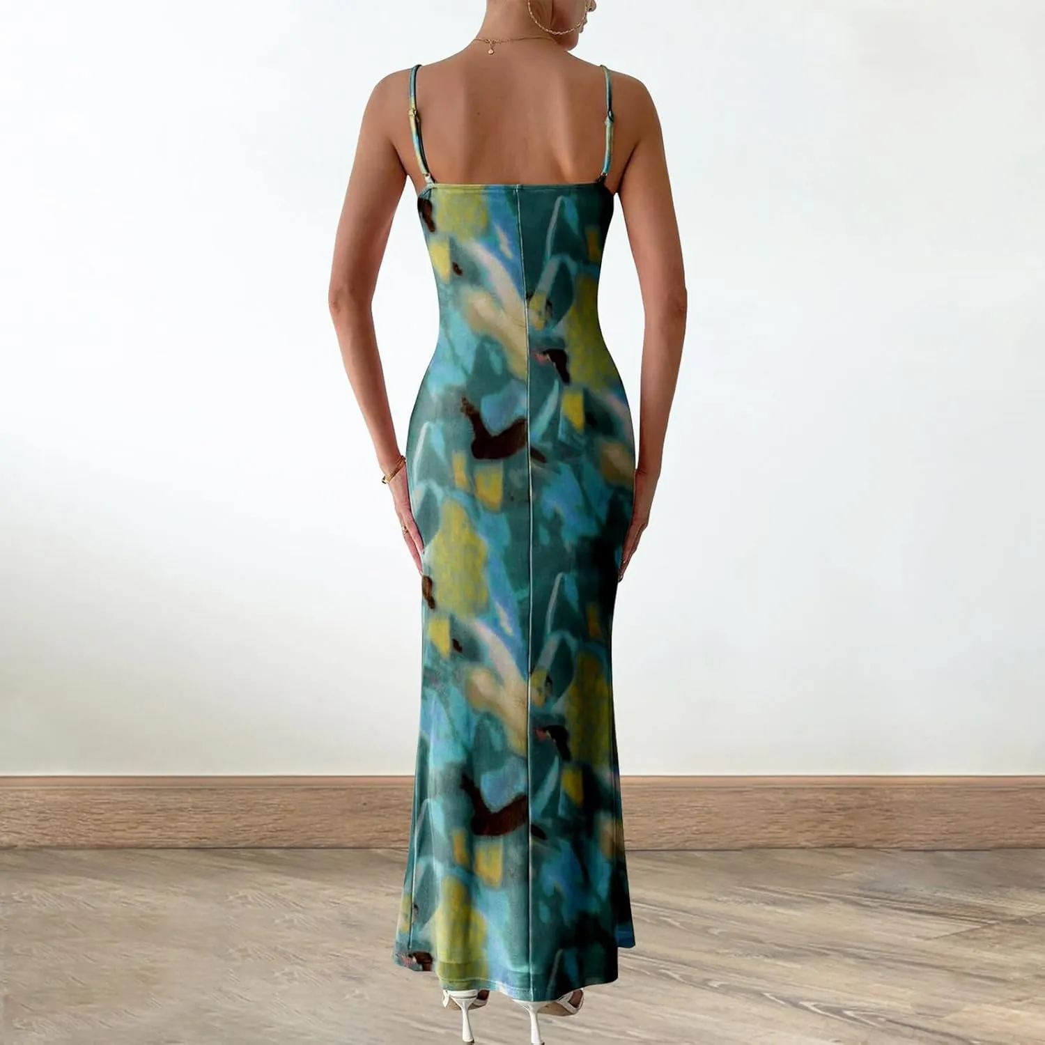 Women's Floral Spaghetti Strap Maxi Dress Sexy Summer Stretch Bodycon Dress Backless Cocktail Slip Long Dresses