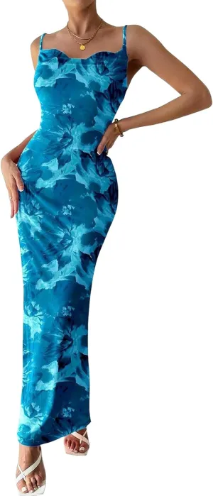 Women's Floral Spaghetti Strap Maxi Dress Sexy Summer Stretch Bodycon Dress Backless Cocktail Slip Long Dresses