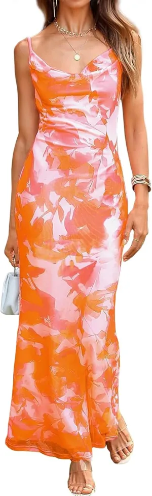Women's Floral Spaghetti Strap Maxi Dress Sexy Summer Stretch Bodycon Dress Backless Cocktail Slip Long Dresses