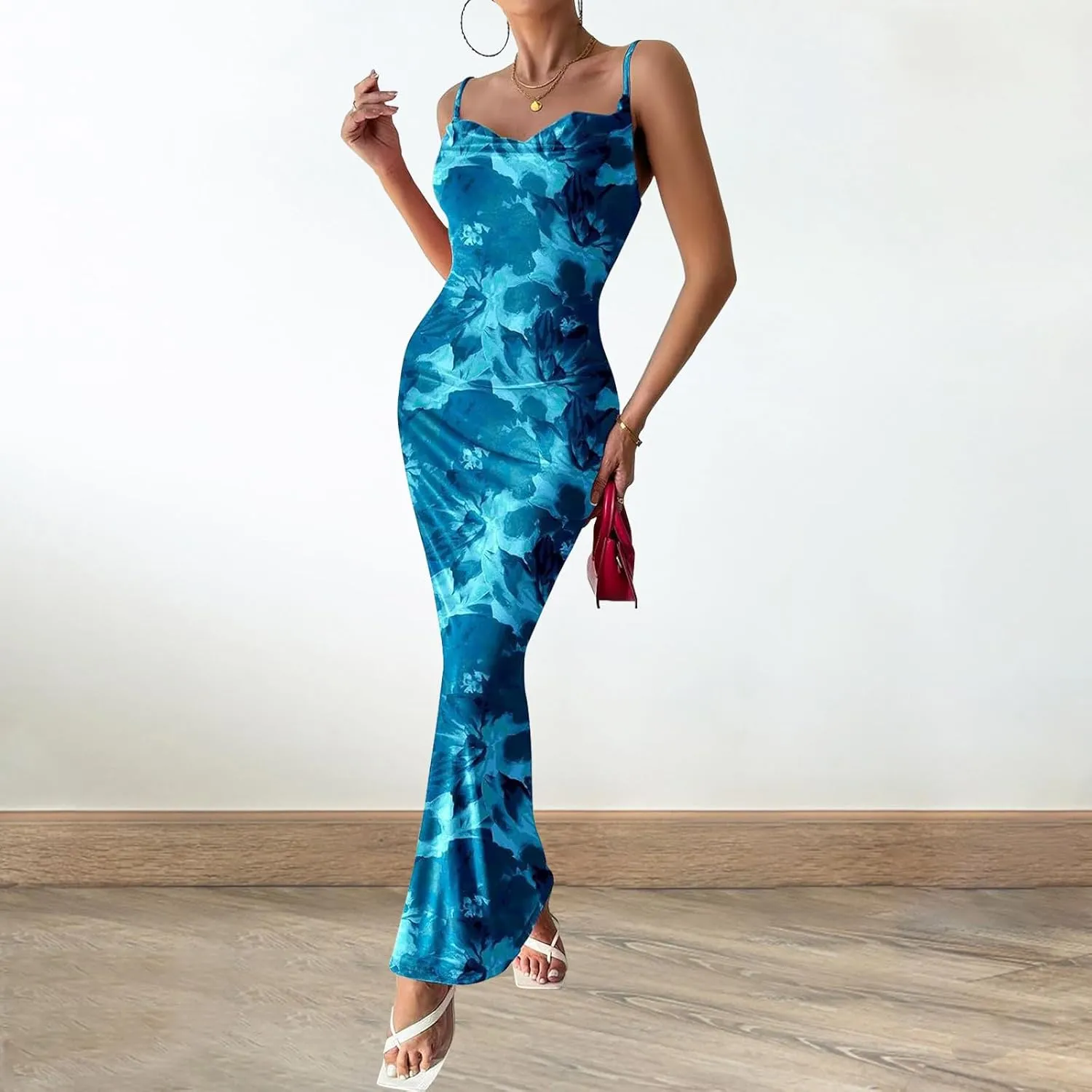 Women's Floral Spaghetti Strap Maxi Dress Sexy Summer Stretch Bodycon Dress Backless Cocktail Slip Long Dresses
