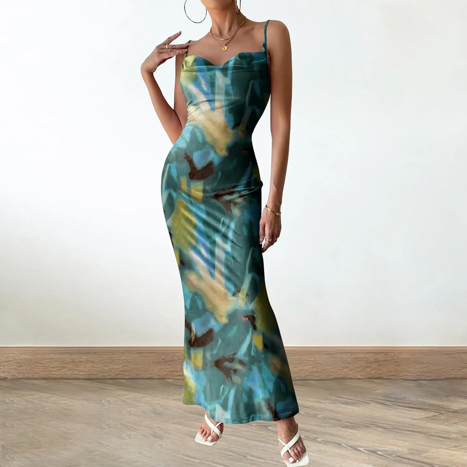 Women's Floral Spaghetti Strap Maxi Dress Sexy Summer Stretch Bodycon Dress Backless Cocktail Slip Long Dresses