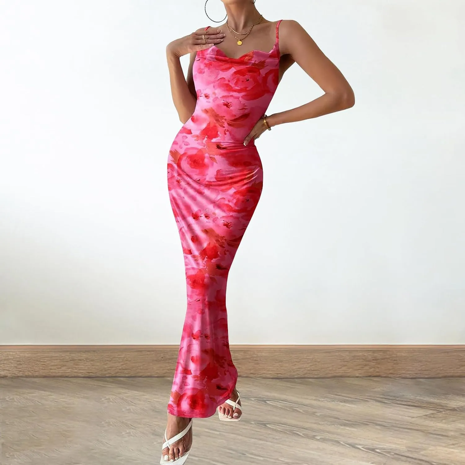 Women's Floral Spaghetti Strap Maxi Dress Sexy Summer Stretch Bodycon Dress Backless Cocktail Slip Long Dresses