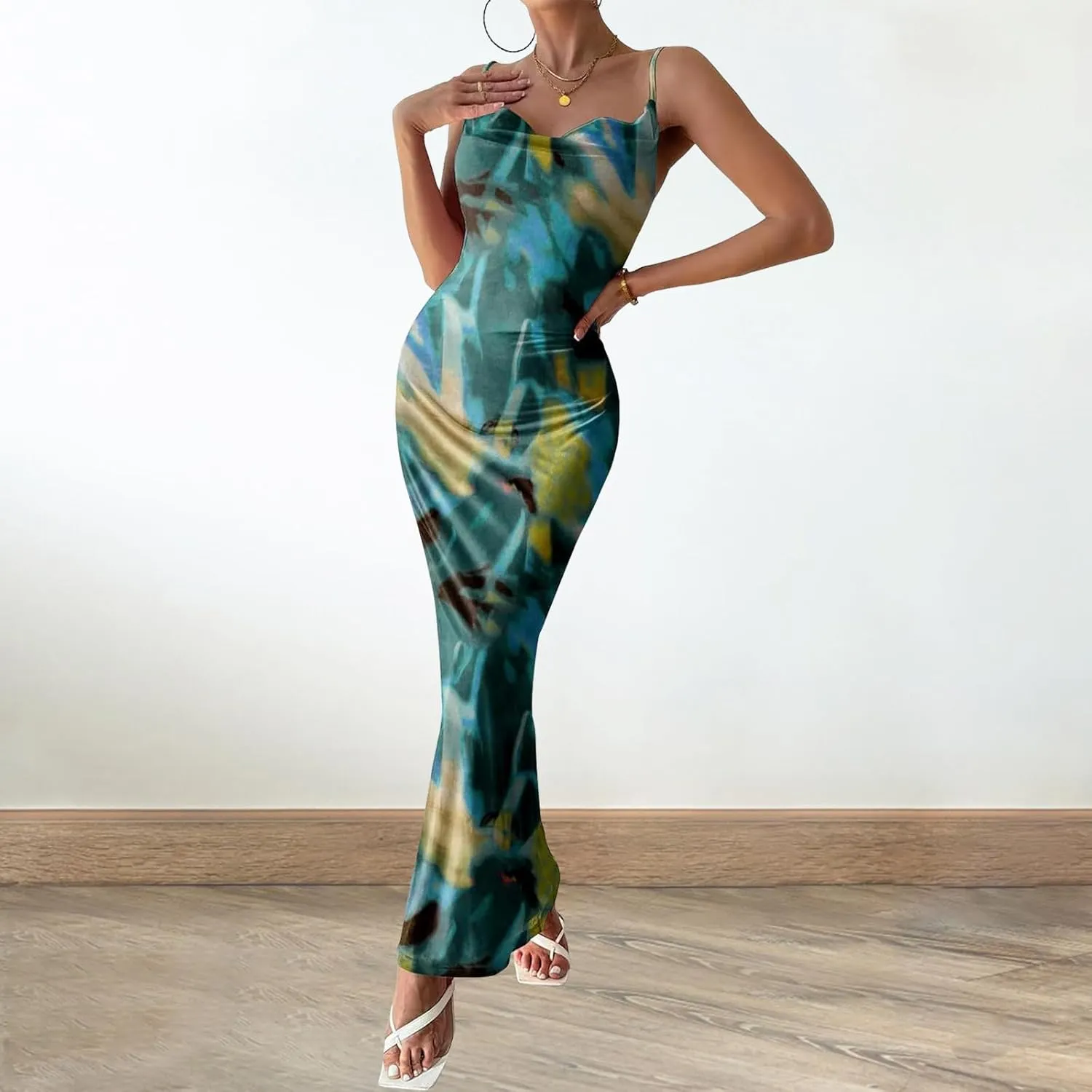 Women's Floral Spaghetti Strap Maxi Dress Sexy Summer Stretch Bodycon Dress Backless Cocktail Slip Long Dresses