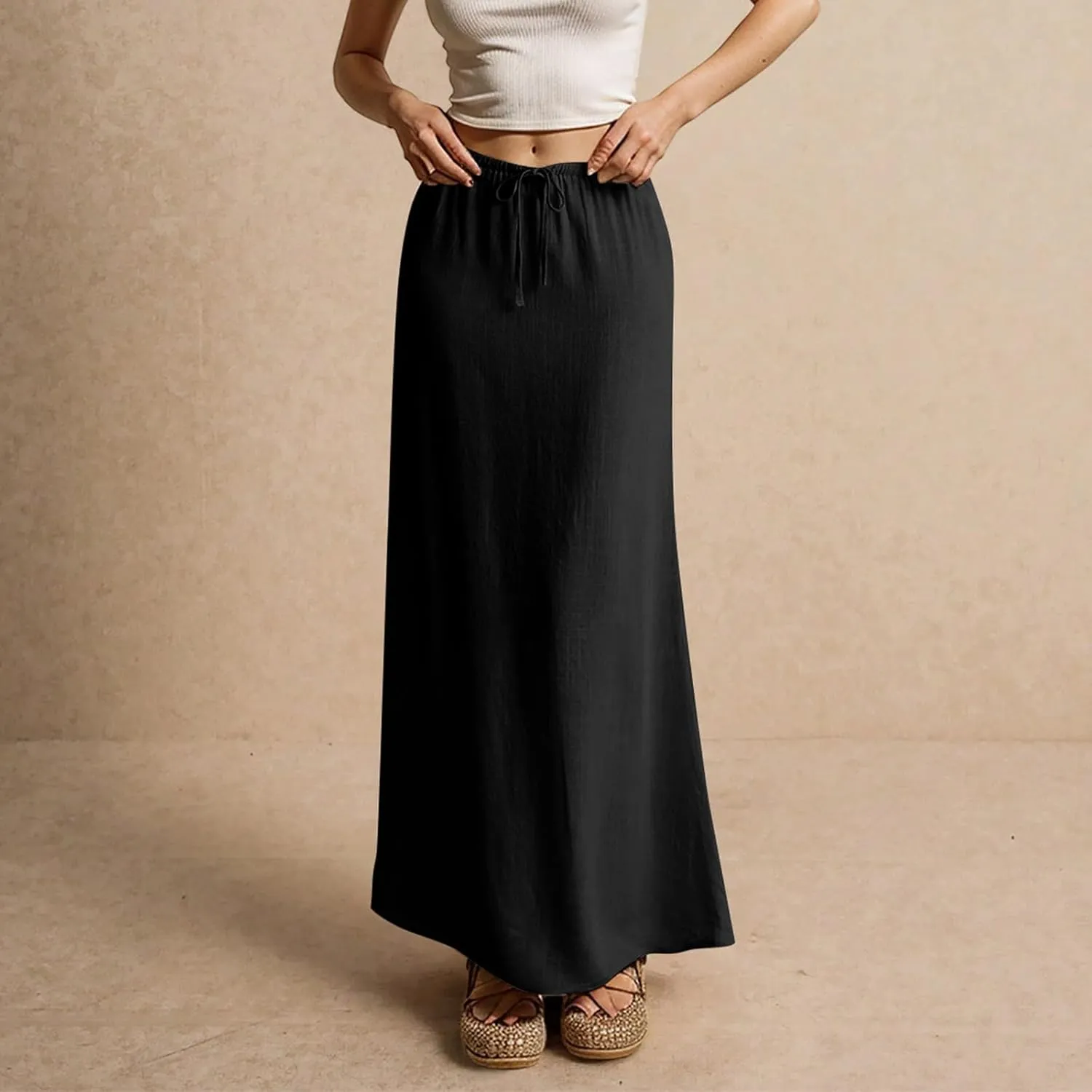 Women's High Waist Linen A-Line Maxi Skirt - Flowy Summer Skirts with Pockets, Casual & Trendy