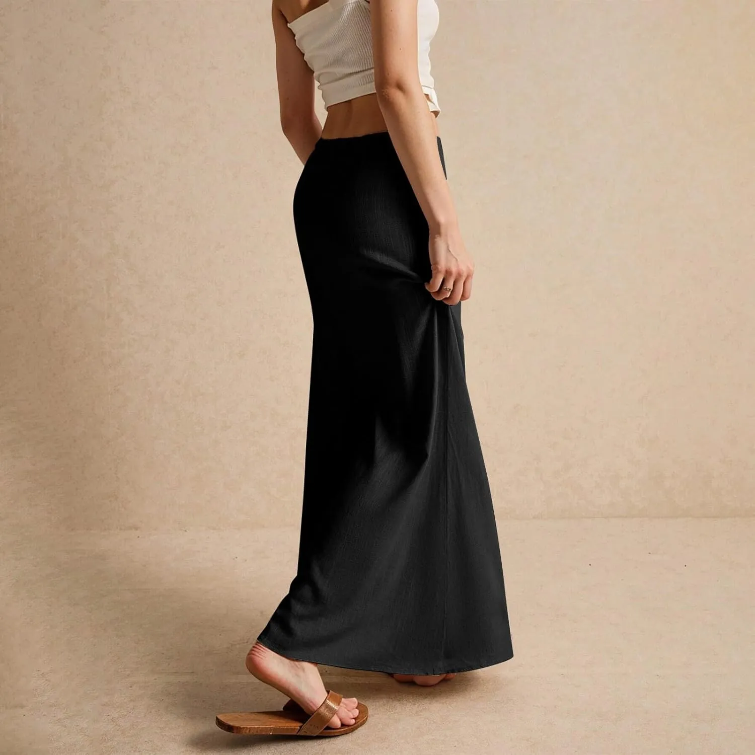 Women's High Waist Linen A-Line Maxi Skirt - Flowy Summer Skirts with Pockets, Casual & Trendy
